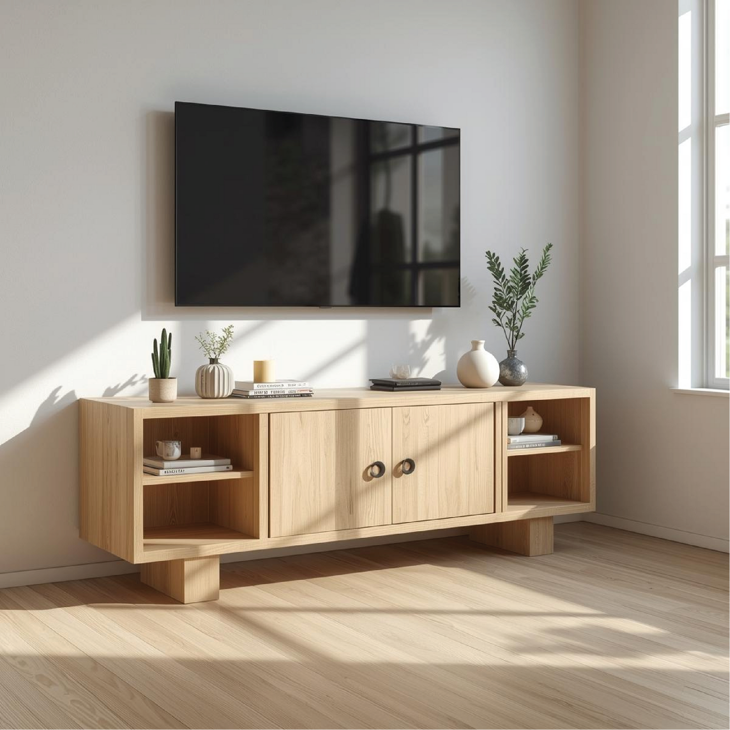 Handcrafted Solid Wood TV Stand with Double Doors and Open Shelves in Natural Oak Finish