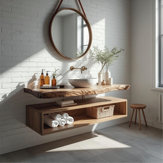 Handcrafted Solid Wood Floating Vanity with Natural Live Edge Top and Modern Minimalist Style Lynnsnail