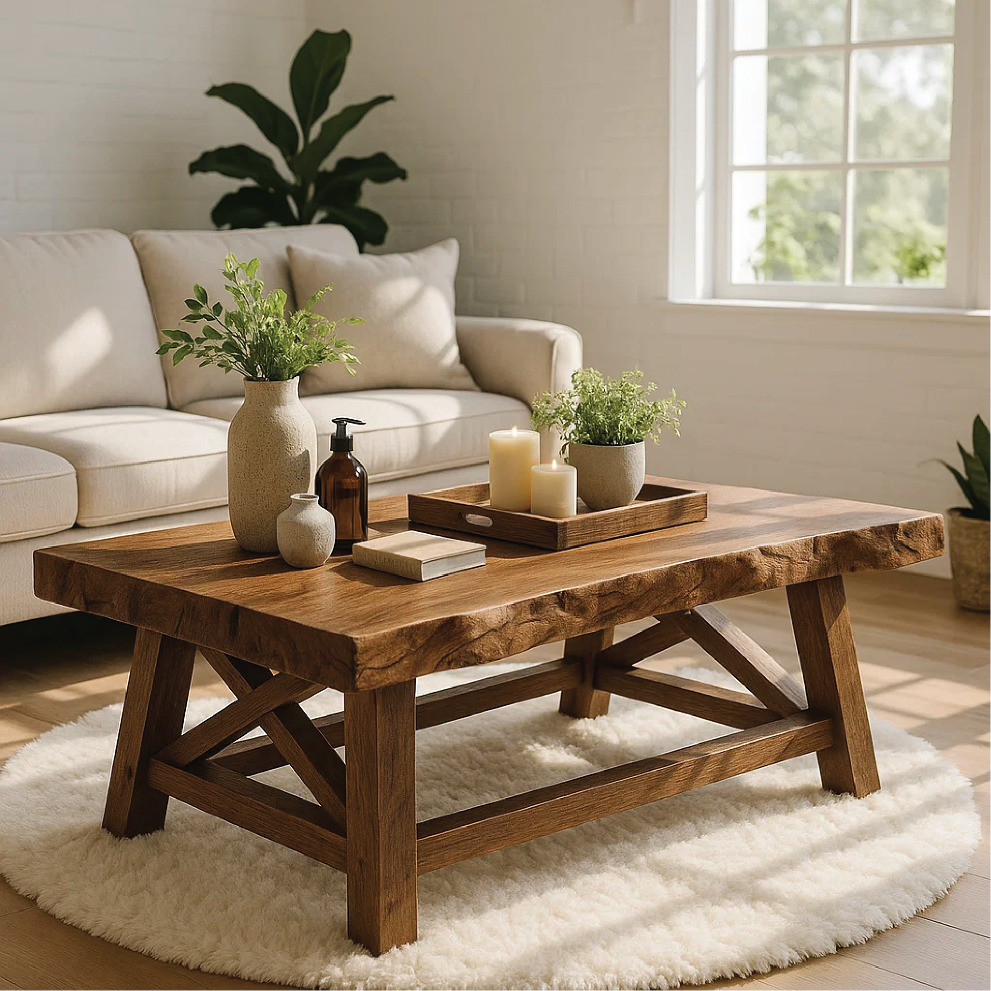 Handcrafted Solid Wood Coffee Table with Rustic Live Edge Top and Sturdy Cross-Leg Base Lynnsnail