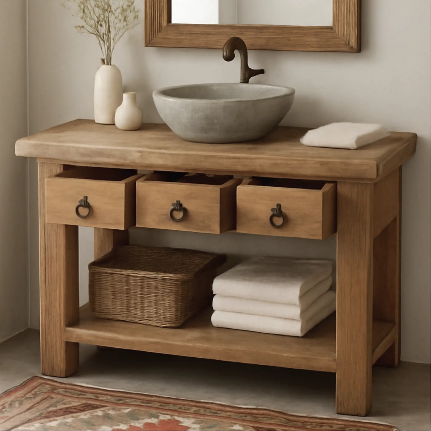 Handcrafted Solid Wood Bathroom Vanity with Rustic Drawers and Open Shelf for Natural Interiors Lynnsnail