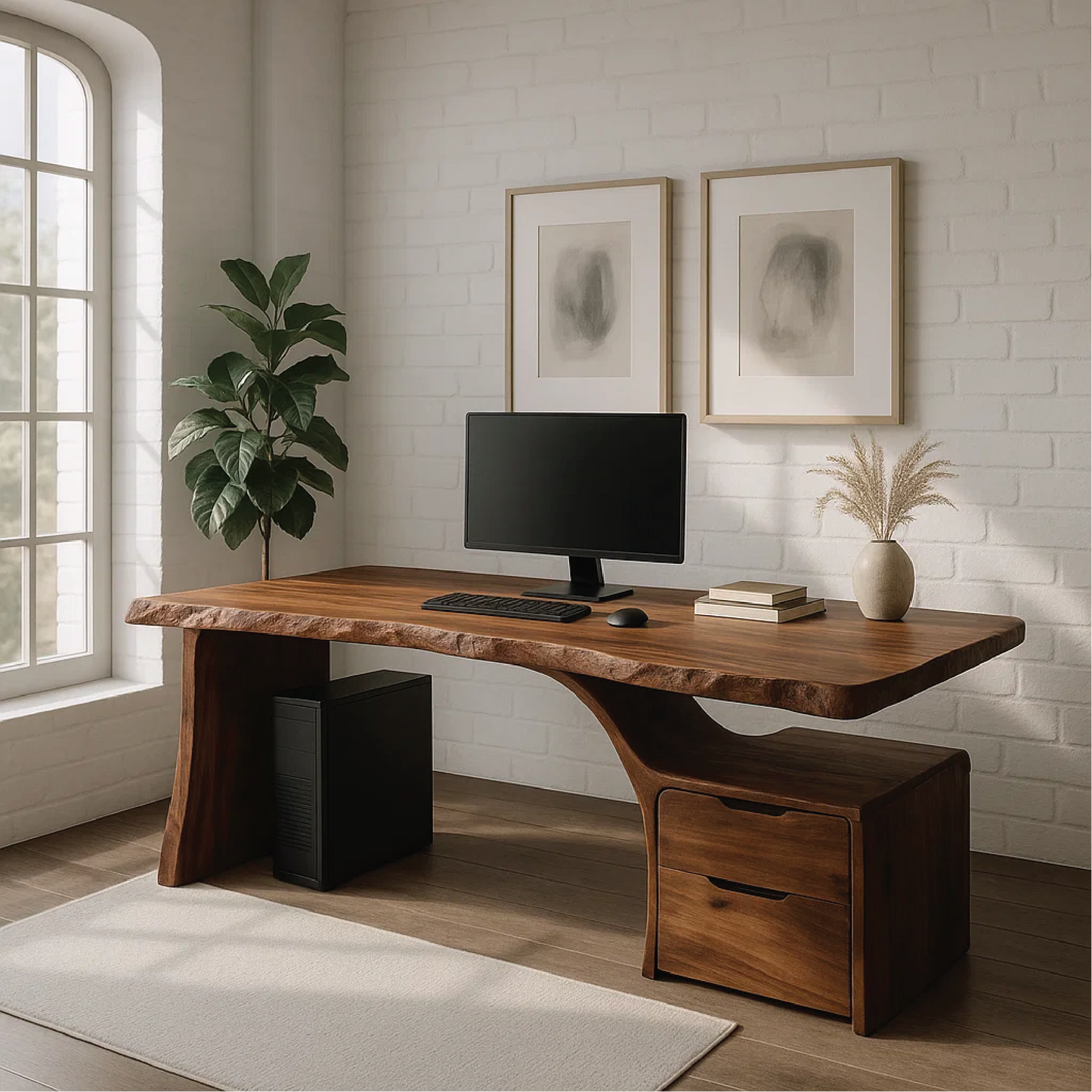 Handcrafted Solid Wood Work Desk – Live Edge Office Table with Organic Curved Base and Drawers Lynnsnail