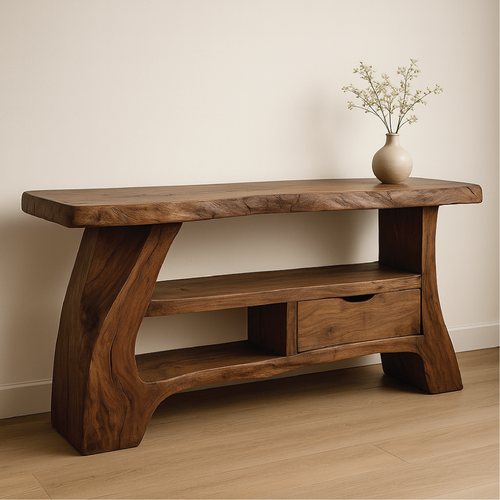 Handcrafted Solid Wood Console Table with Organic Curved Design and Drawer for Modern Homes