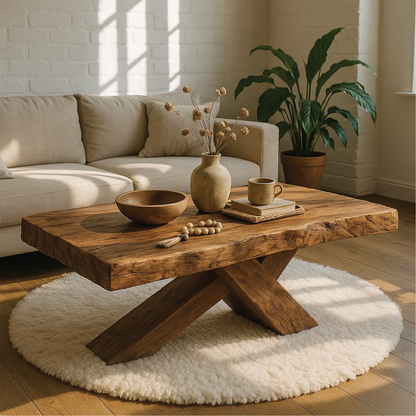 Handcrafted Solid Wood Coffee Table with Rustic Live Edge and Cross-Leg Modern Design Lynnsnail