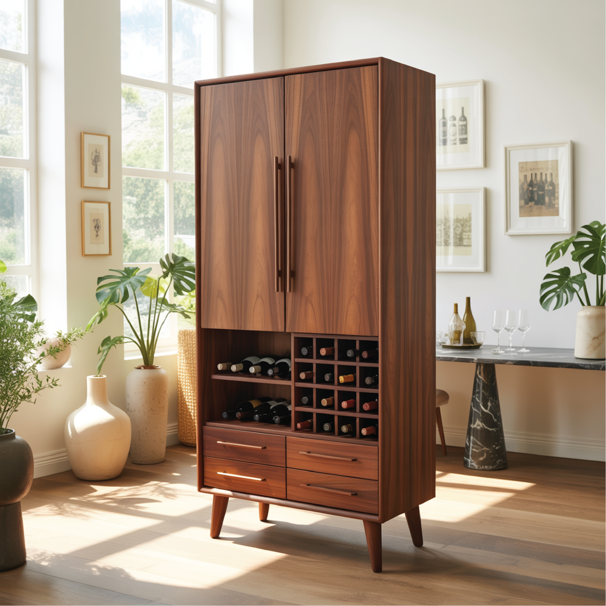 Handcrafted Solid Wood Dining Cabinet with Wine Rack, Tall Double Doors and Storage Drawers Lynnsnail