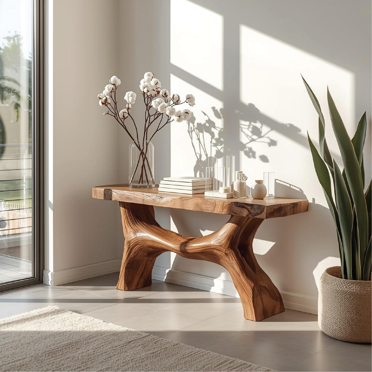 Handcrafted Solid Wood Console Table with Sculptural Base and Natural Live Edge Design Lynnsnail