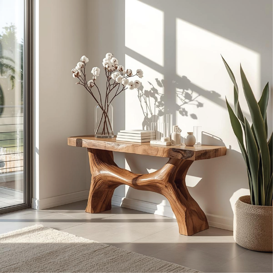 Handcrafted Solid Wood Console Table with Sculptural Base and Natural Live Edge Design Lynnsnail