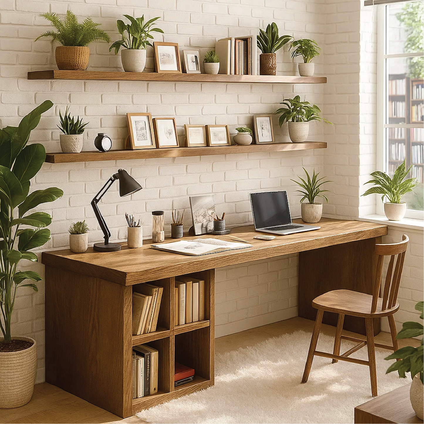 Handcrafted Solid Wood Work Desk – Long Home Office Table with Bookshelf and Natural Finish Lynnsnail