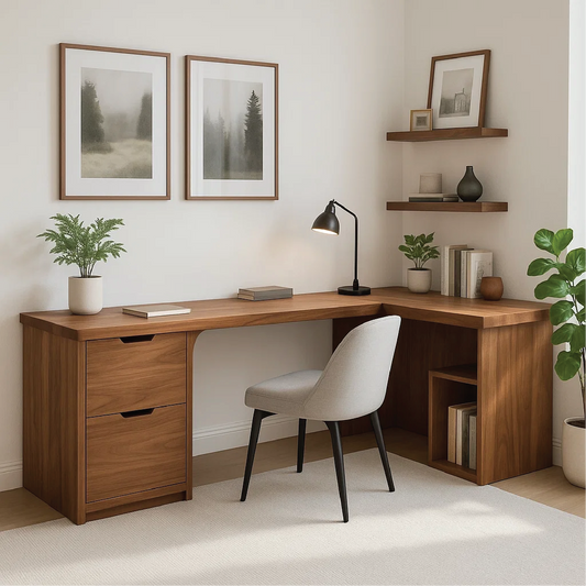 Handcrafted Solid Wood L-Shaped Work Desk – Modern Corner Office Table with Storage Drawers