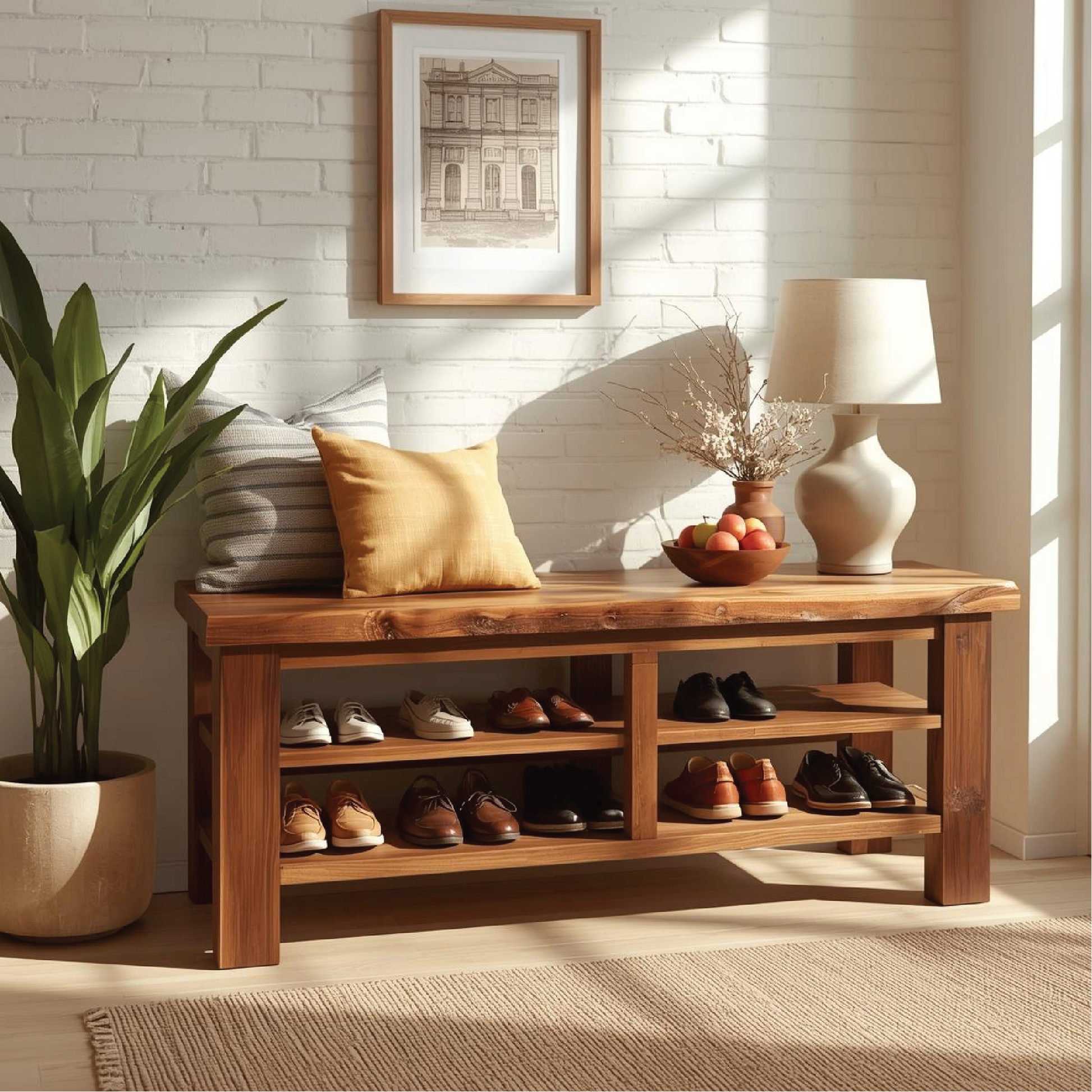 Handcrafted Solid Wood Entryway Bench with Live Edge Top and Multi-Tier Shoe Storage Shelves Lynnsnail