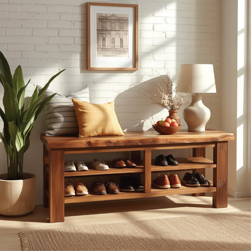 Handcrafted Solid Wood Entryway Bench with Live Edge Top and Multi-Tier Shoe Storage Shelves Lynnsnail