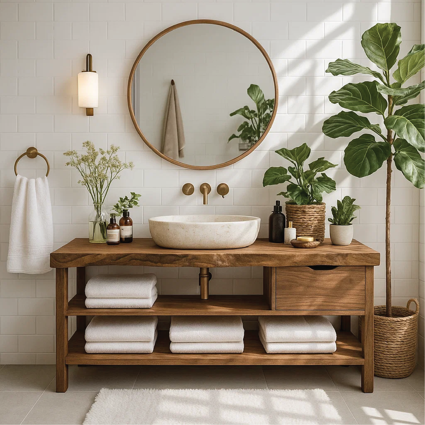 Handcrafted Solid Wood Bathroom Vanity with Open Shelf Storage and Natural Rustic Finish Lynnsnail
