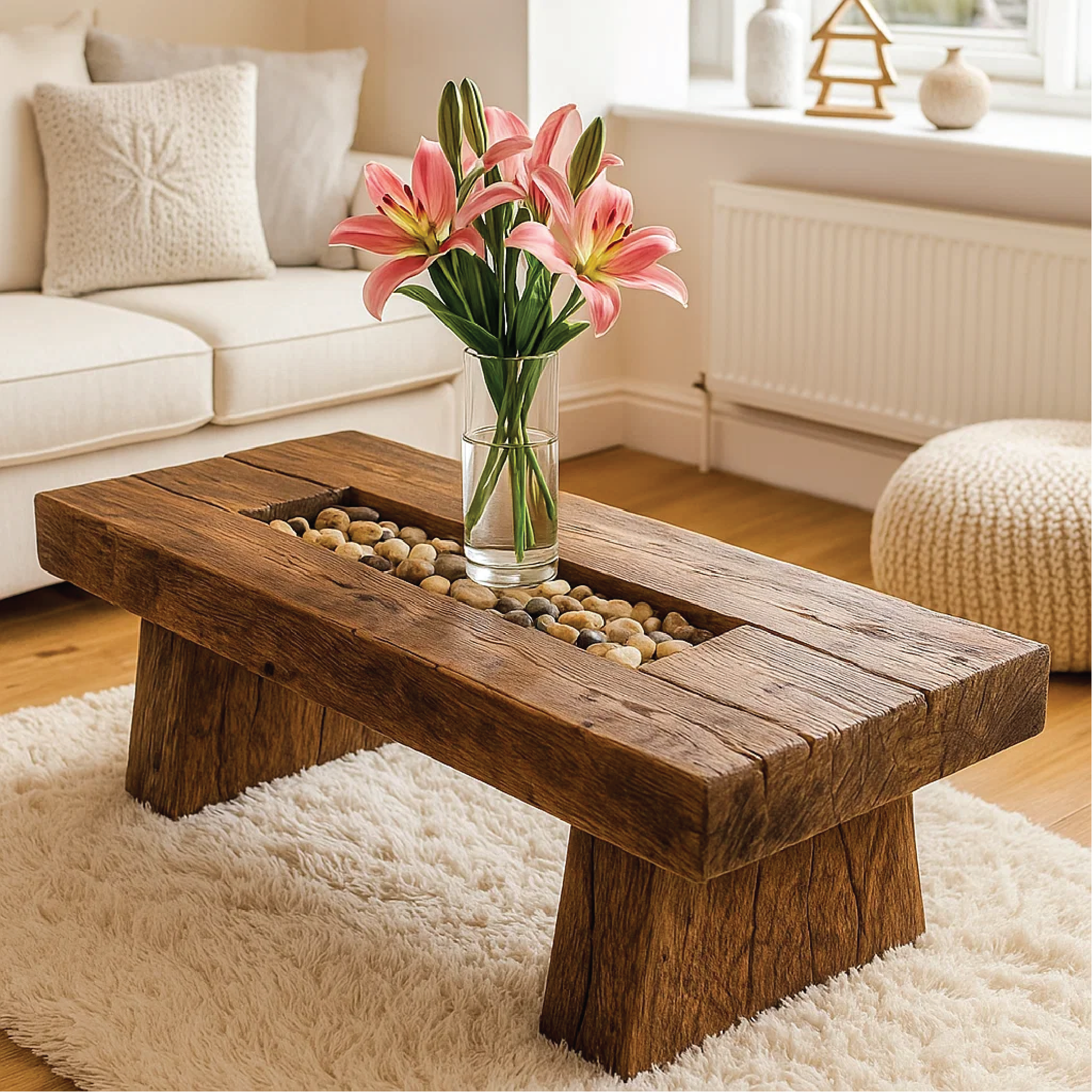Handcrafted Solid Wood Coffee Table with Rustic Live Edge Design and Natural Stone Centerpiece Lynnsnail