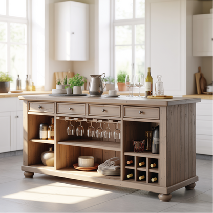 Handcrafted Solid Wood Kitchen Island with Wine Storage, Drawers, and Open Shelving Lynnsnail
