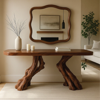 Handcrafted Solid Wood Console Table with Twin Root Base and Smooth Natural Finish Design Lynnsnail