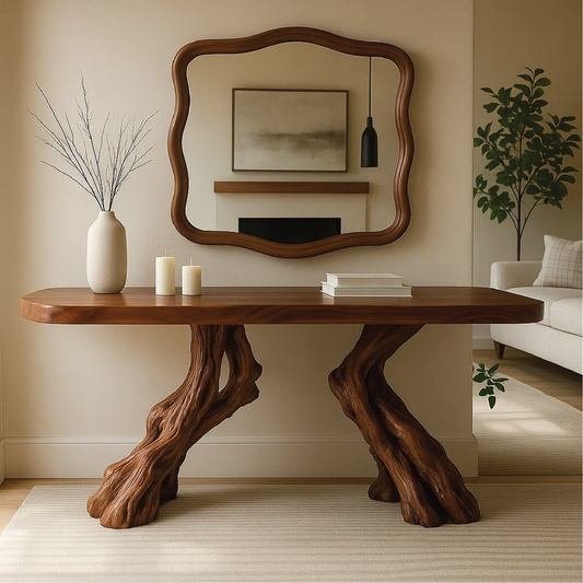 Handcrafted Solid Wood Console Table with Twin Root Base and Smooth Natural Finish Design Lynnsnail