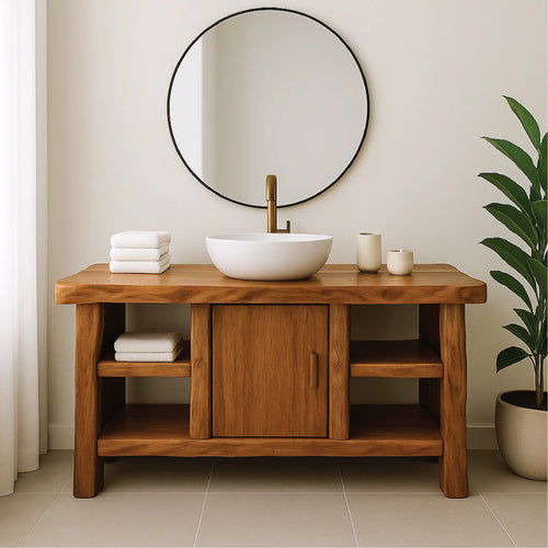 Handcrafted Solid Wood Bathroom Vanity with Center Cabinet and Open Shelves in Natural Finish Lynnsnail