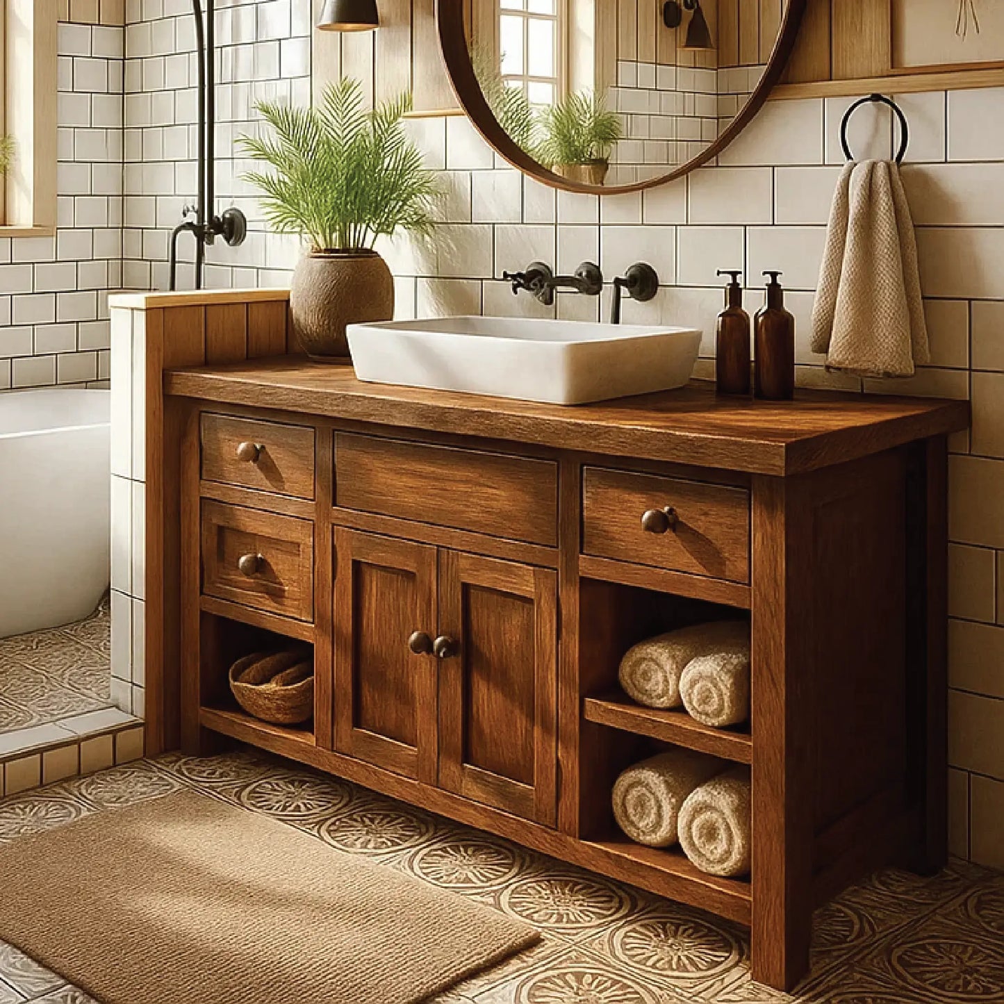 Handcrafted Solid Wood Bathroom Vanity with Drawers and Open Shelves in Warm Walnut Finish Lynnsnail