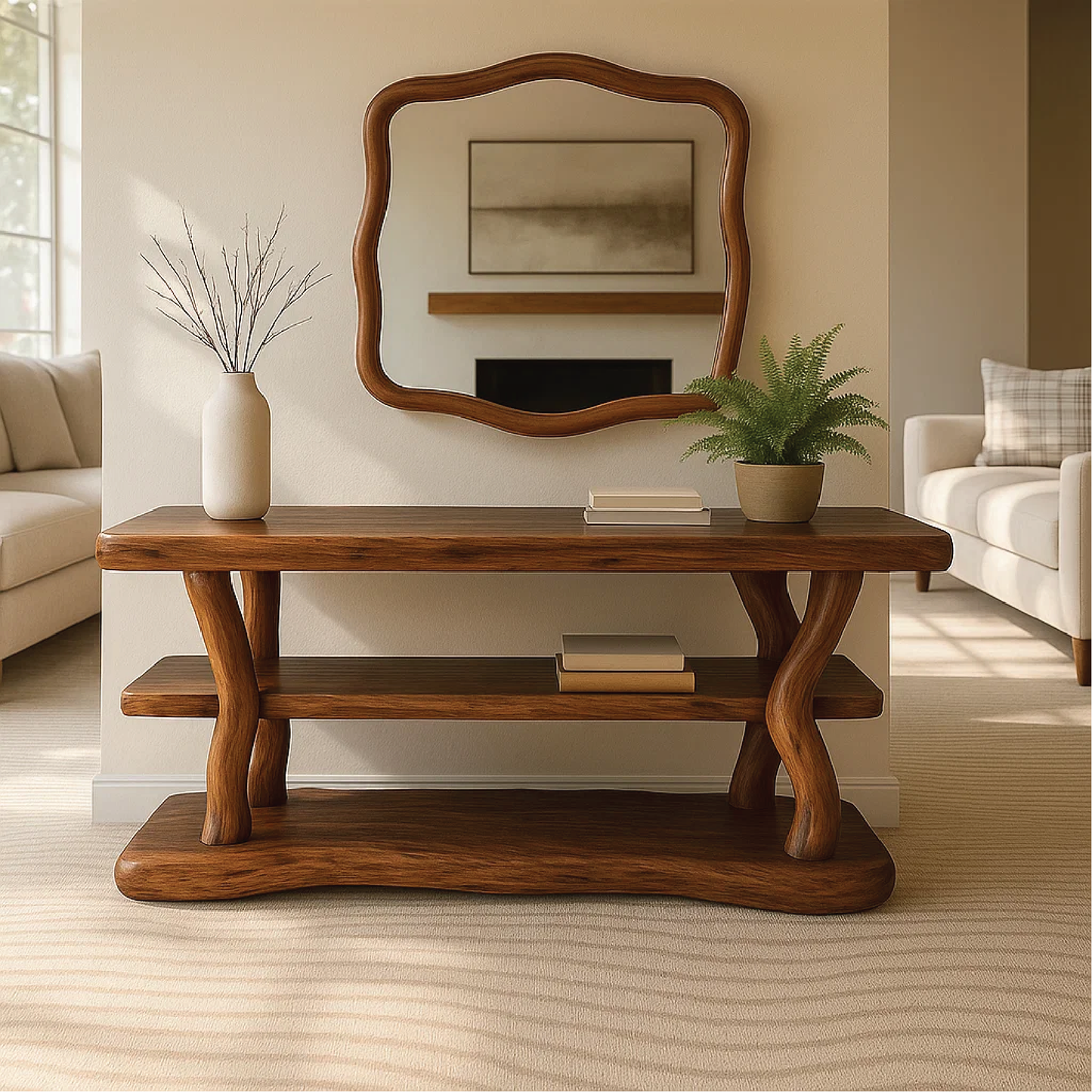 Handcrafted Solid Wood Console Table with Organic Curved Legs and Natural Smooth Finish Lynnsnail