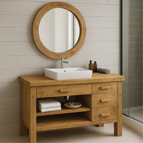 Handcrafted Solid Wood Bathroom Vanity with Drawers and Open Shelf in Natural Minimalist Style Lynnsnail
