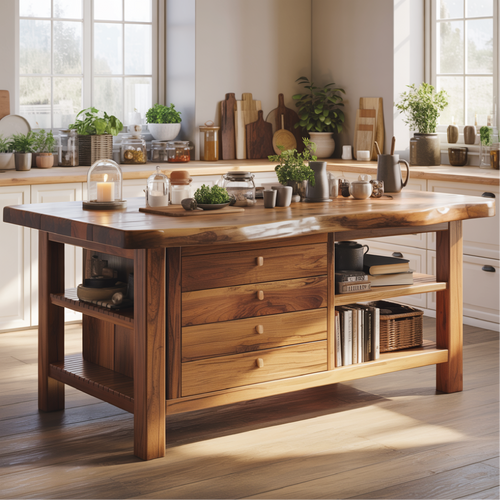 Handcrafted Solid Wood Kitchen Island with Drawers, Open Shelves, and Natural Live-Edge Top Lynnsnail