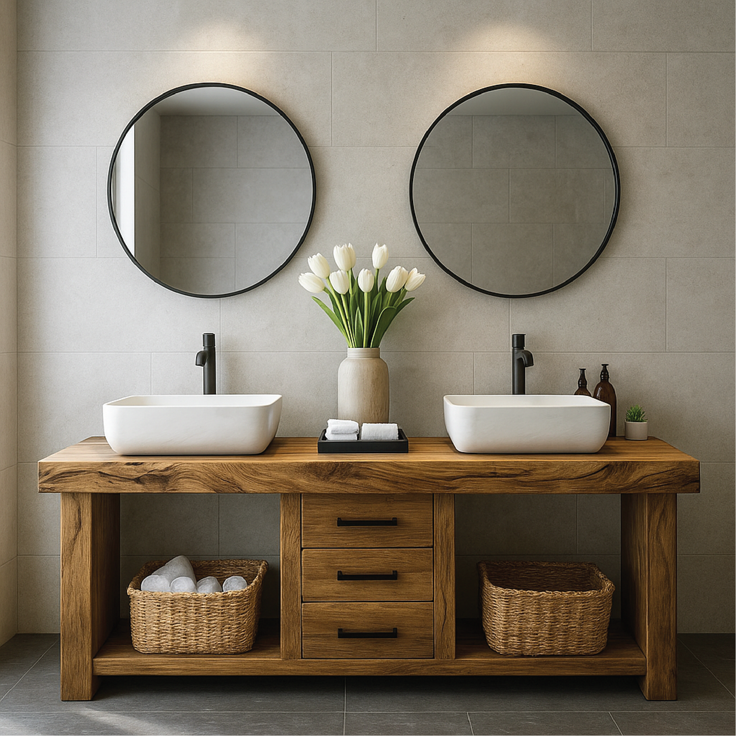 Handcrafted Solid Wood Double Sink Bathroom Vanity with Central Drawers and Natural Finish Lynnsnail