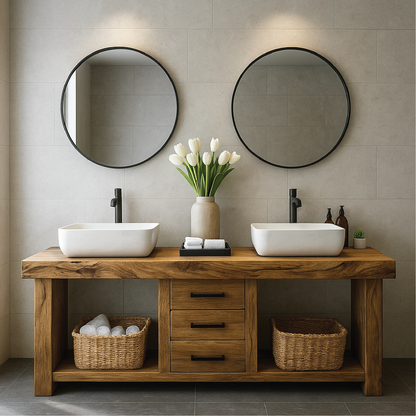 Handcrafted Solid Wood Double Sink Bathroom Vanity with Central Drawers and Natural Finish Lynnsnail