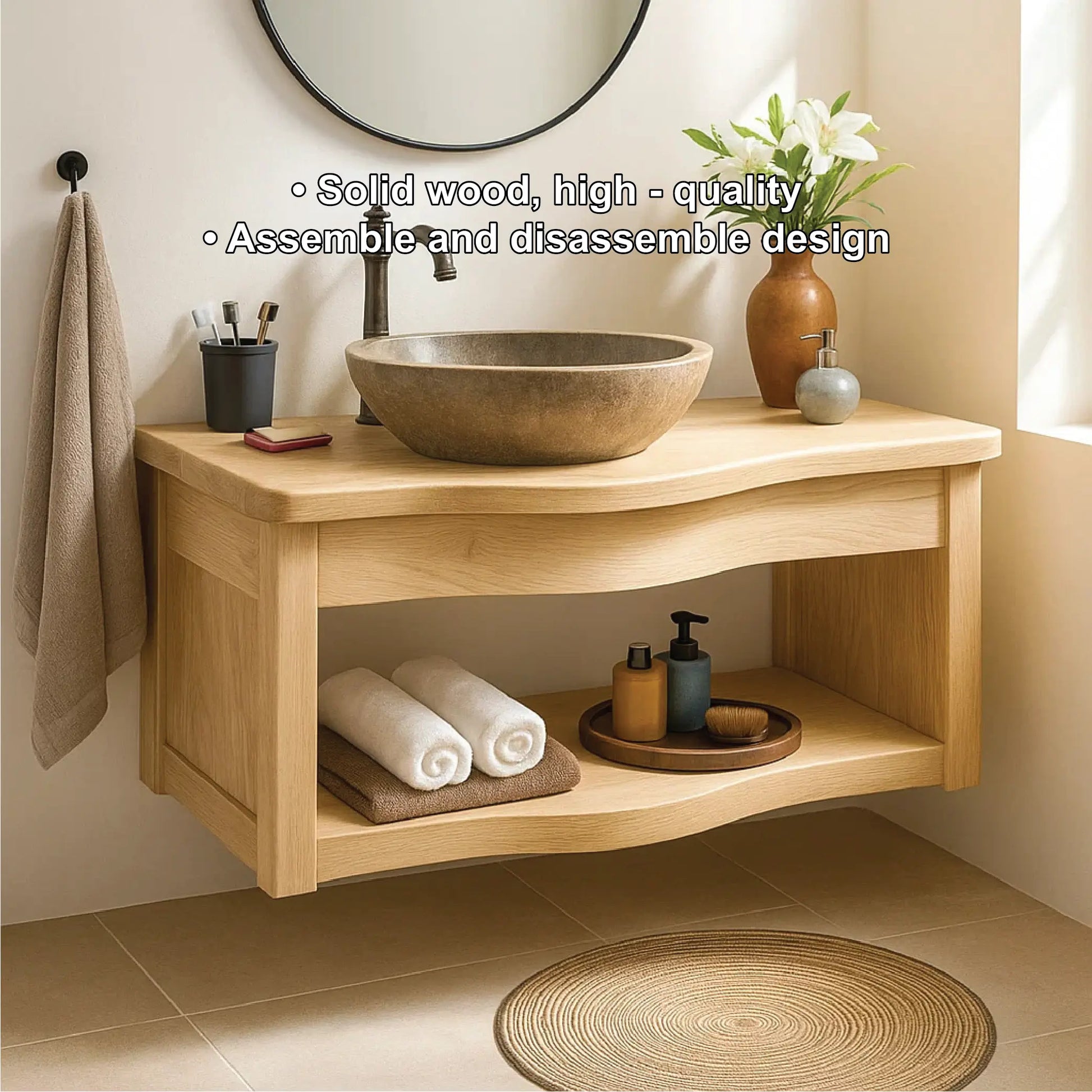 Handcrafted Solid Wood Floating Vanity with Curved Edge Design and Open Shelf Bathroom Storage Lynnsnail