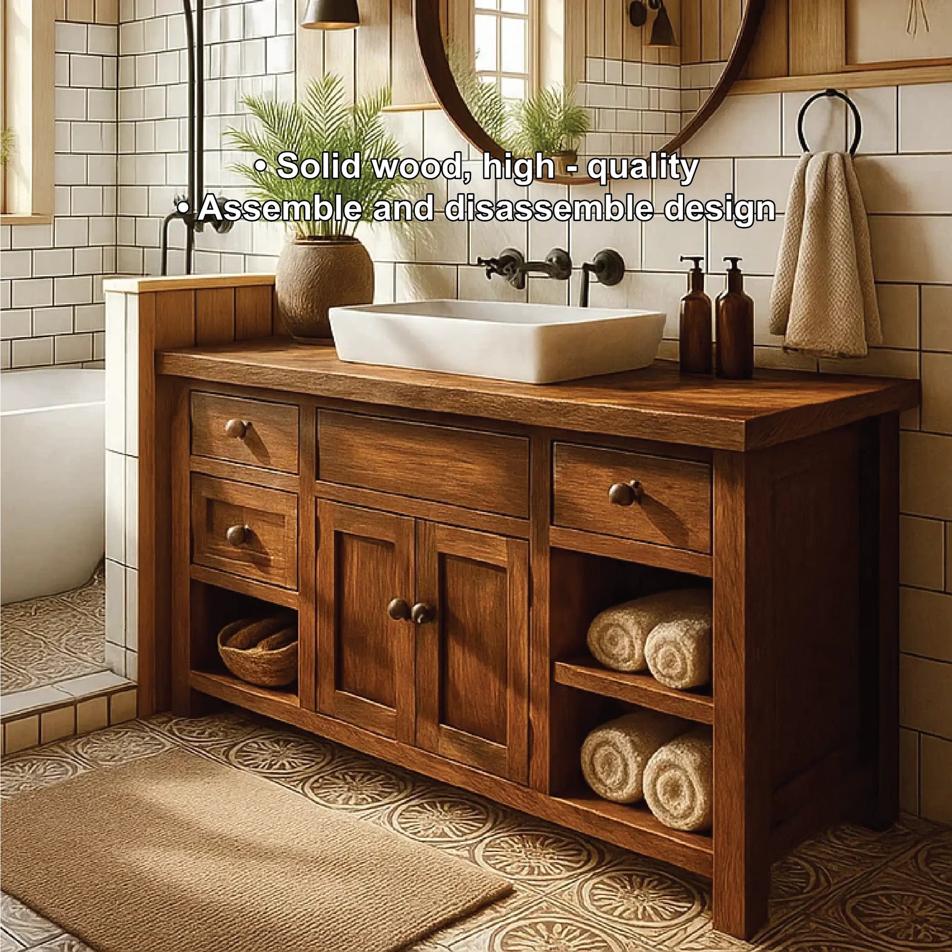 Handcrafted Solid Wood Bathroom Vanity with Drawers and Open Shelves in Warm Walnut Finish Lynnsnail