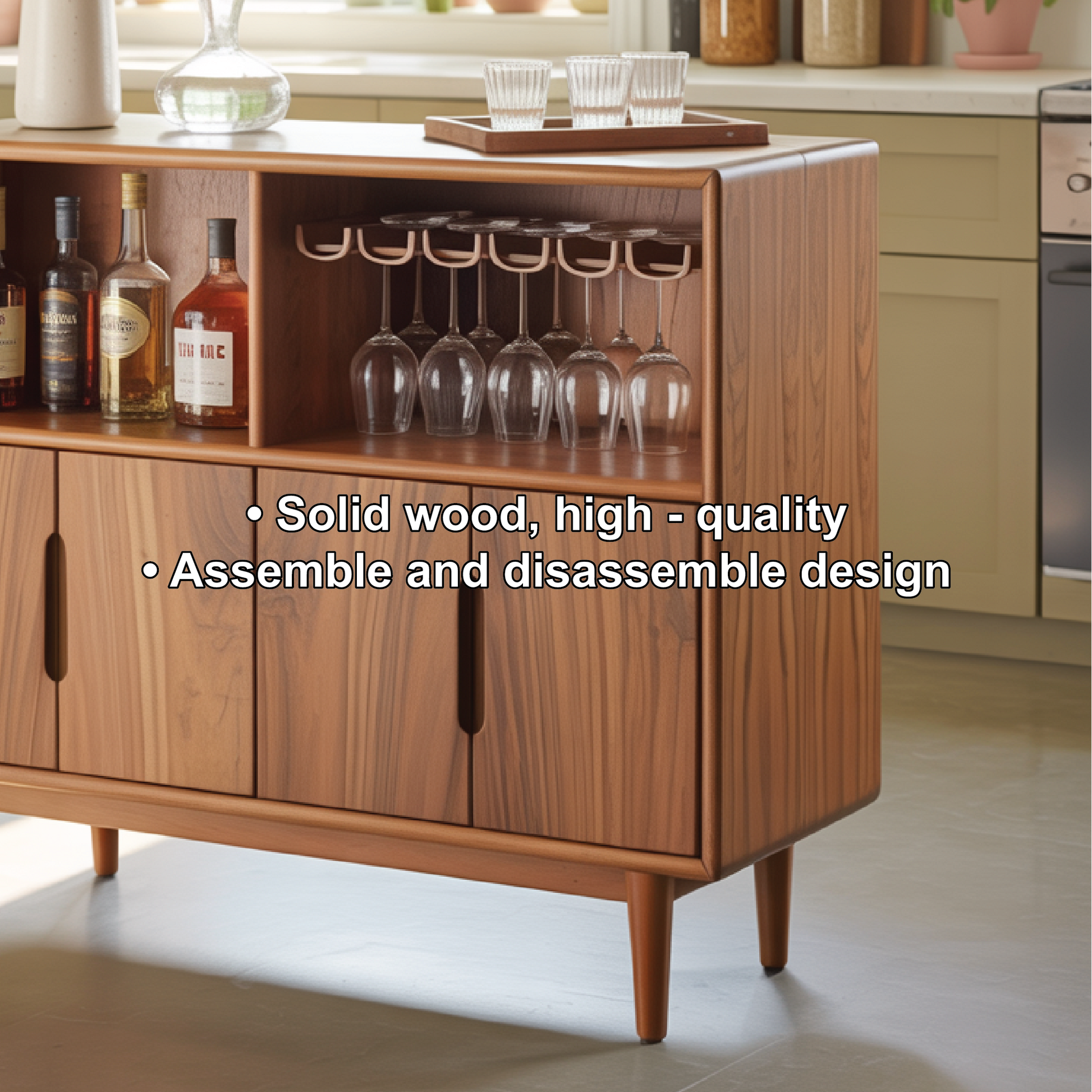 Handcrafted Solid Wood Dining Cabinet with Wine Storage and Hanging Glass Rack Lynnsnail