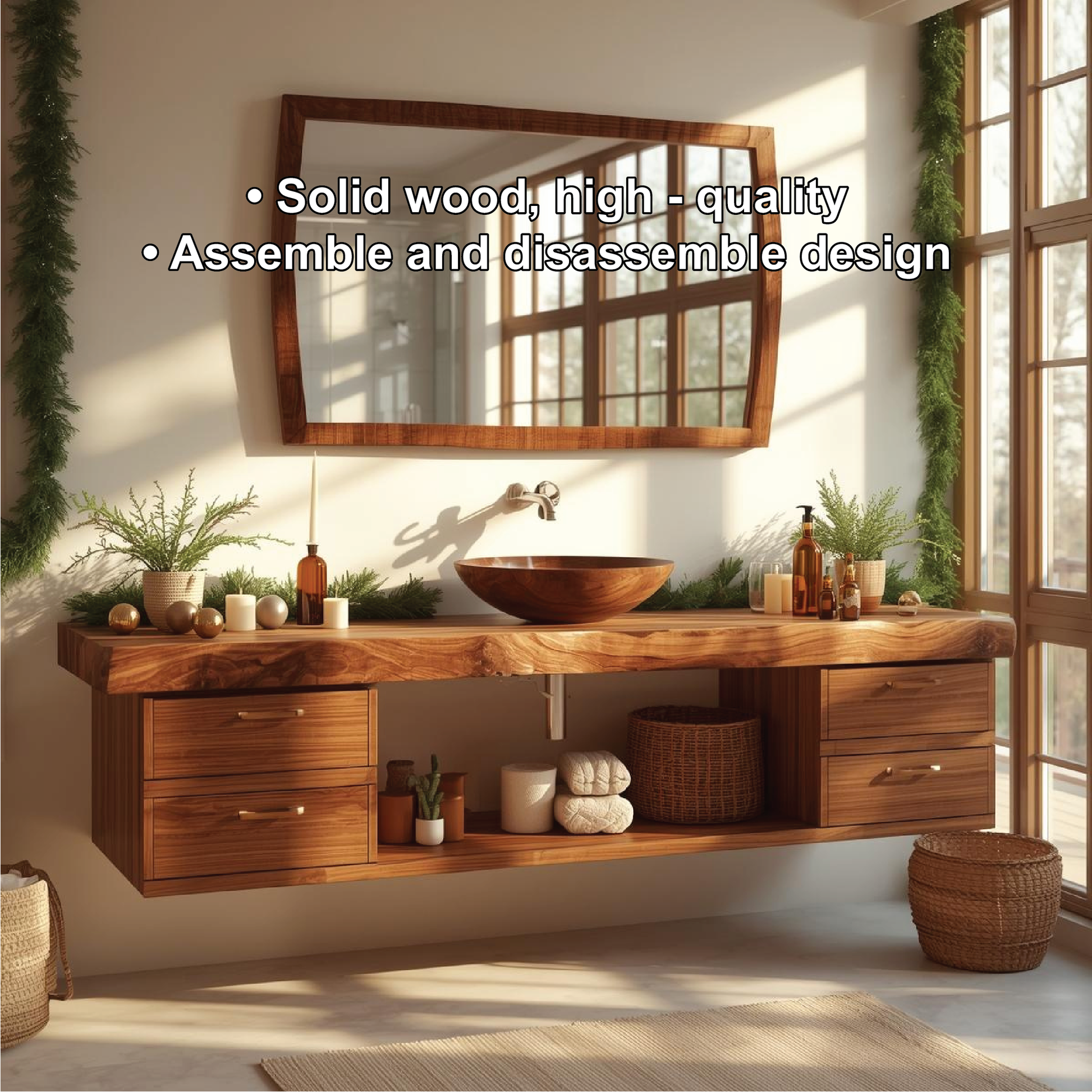Handcrafted Solid Wood Floating Bathroom Vanity with Drawers and Natural Live Edge Countertop Lynnsnail