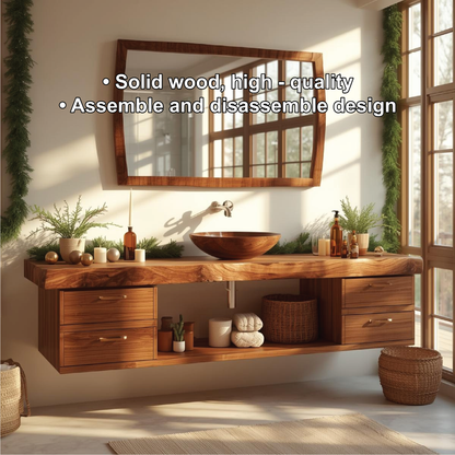 Handcrafted Solid Wood Floating Bathroom Vanity with Drawers and Natural Live Edge Countertop Lynnsnail