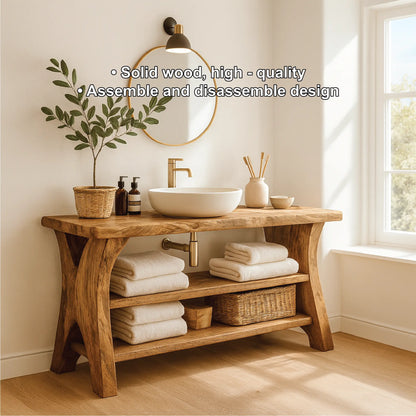 Handcrafted Solid Wood Bathroom Vanity with Natural Live Edge and Open Storage Shelf Design Lynnsnail