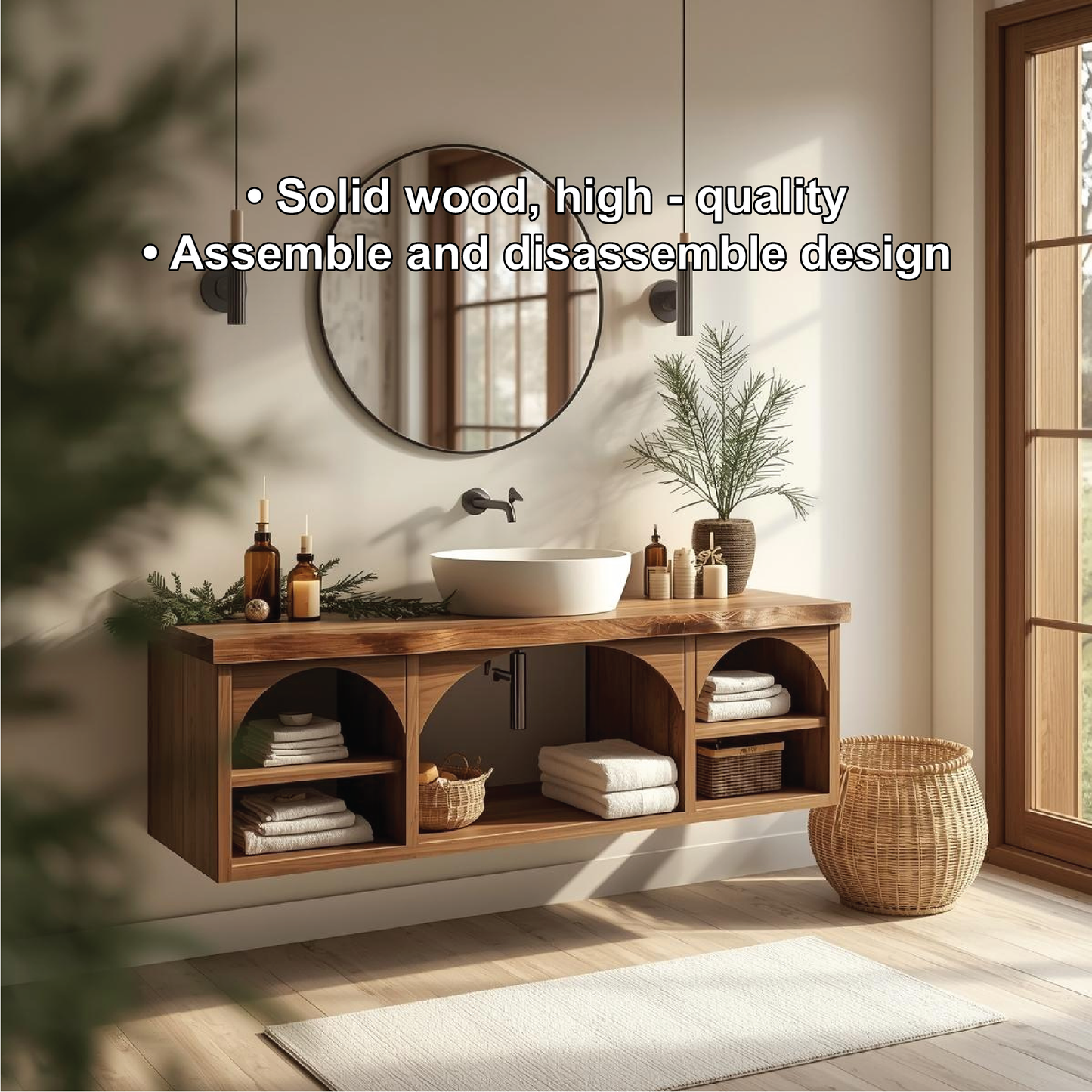 Handcrafted Solid Wood Floating Vanity with Arched Shelves and Natural Live Edge Design Lynnsnail