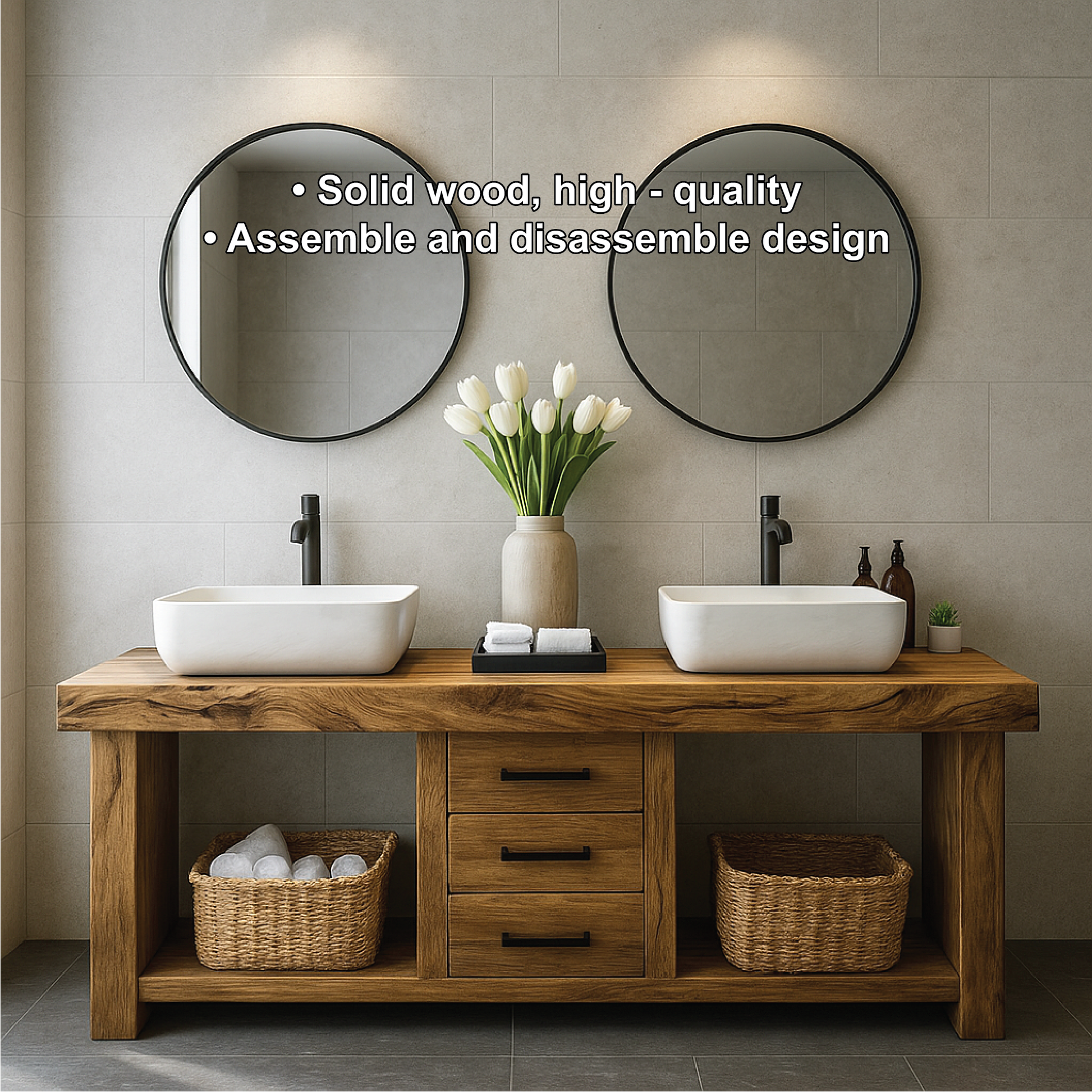 Handcrafted Solid Wood Double Sink Bathroom Vanity with Central Drawers and Natural Finish Lynnsnail