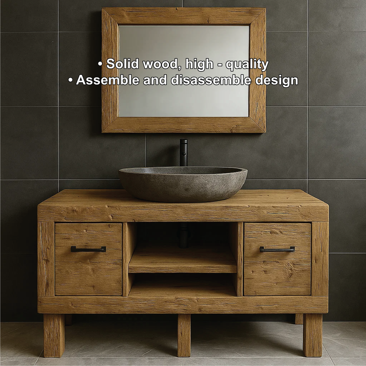 Modern Rustic Handcrafted Solid Wood Bathroom Vanity with Storage Drawers and Open Shelves Lynnsnail