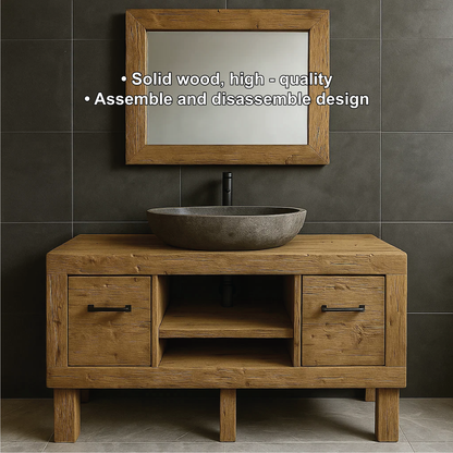 Modern Rustic Handcrafted Solid Wood Bathroom Vanity with Storage Drawers and Open Shelves Lynnsnail