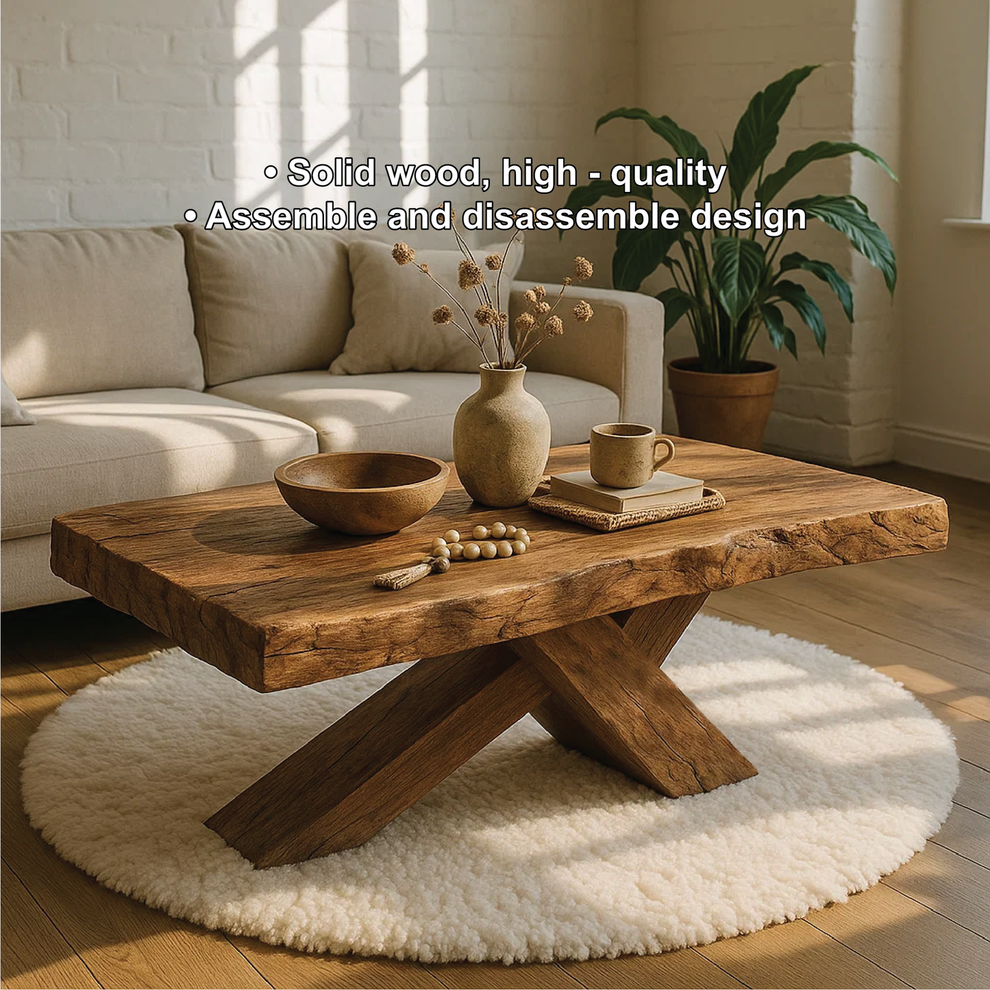 Handcrafted Solid Wood Coffee Table with Rustic Live Edge and Cross-Leg Modern Design Lynnsnail