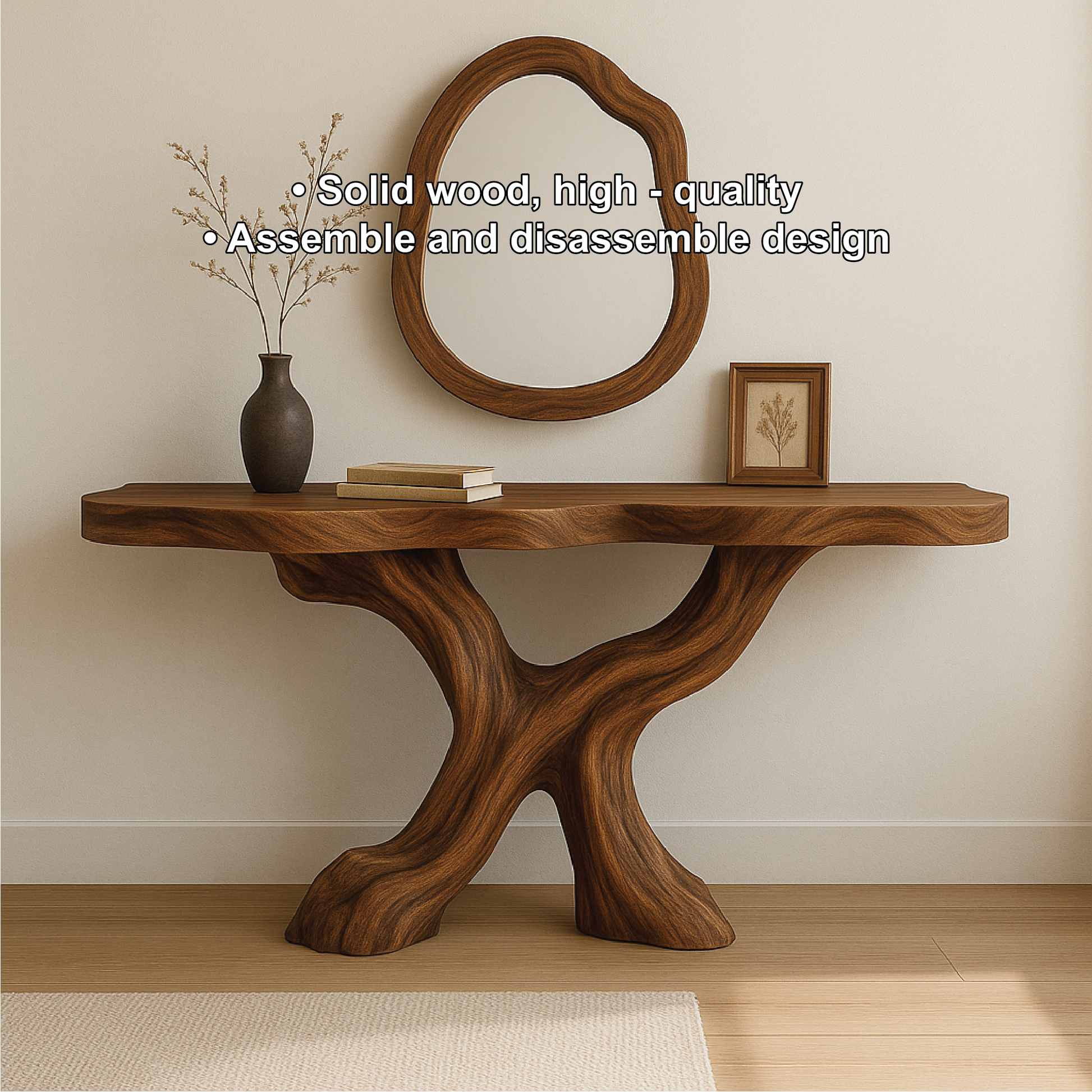 Handcrafted Solid Wood Console Table with Organic Flowing Base and Smooth Natural Finish Lynnsnail