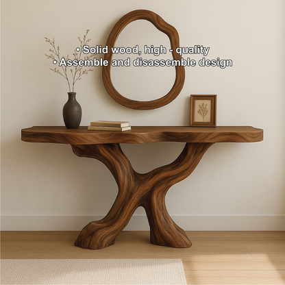 Handcrafted Solid Wood Console Table with Organic Flowing Base and Smooth Natural Finish Lynnsnail