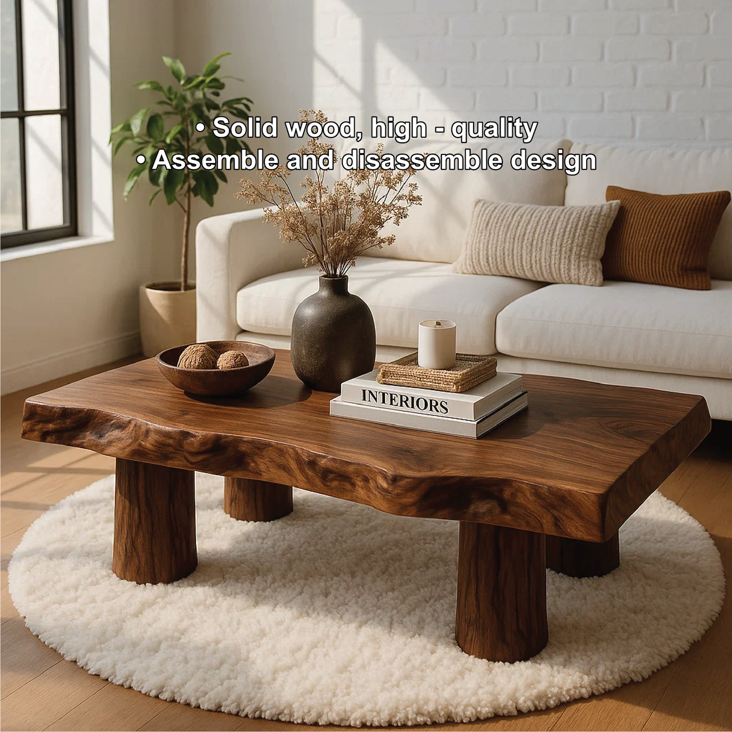 Handcrafted Solid Wood Coffee Table with Organic Live Edge and Cylindrical Leg Design Lynnsnail