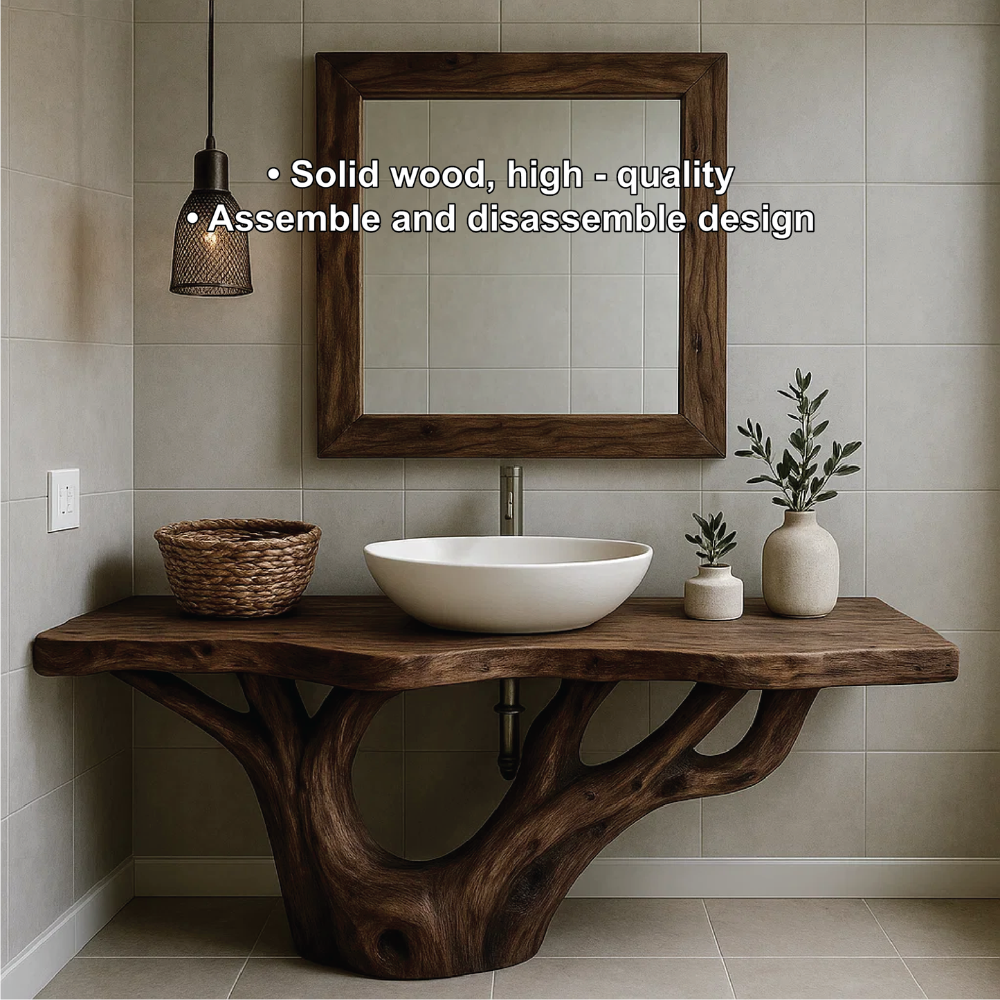 Handcrafted Solid Wood Bathroom Vanity with Organic Tree-Inspired Base and Natural Finish Lynnsnail