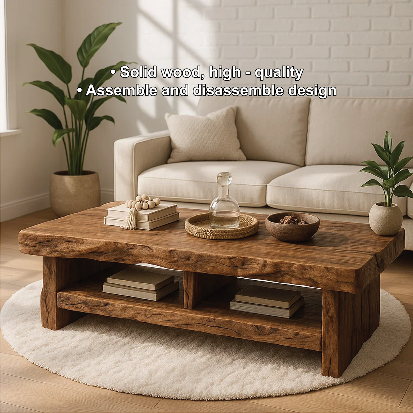 Handcrafted Solid Wood Coffee Table with Live Edge Design and Double Shelf for Storage Lynnsnail