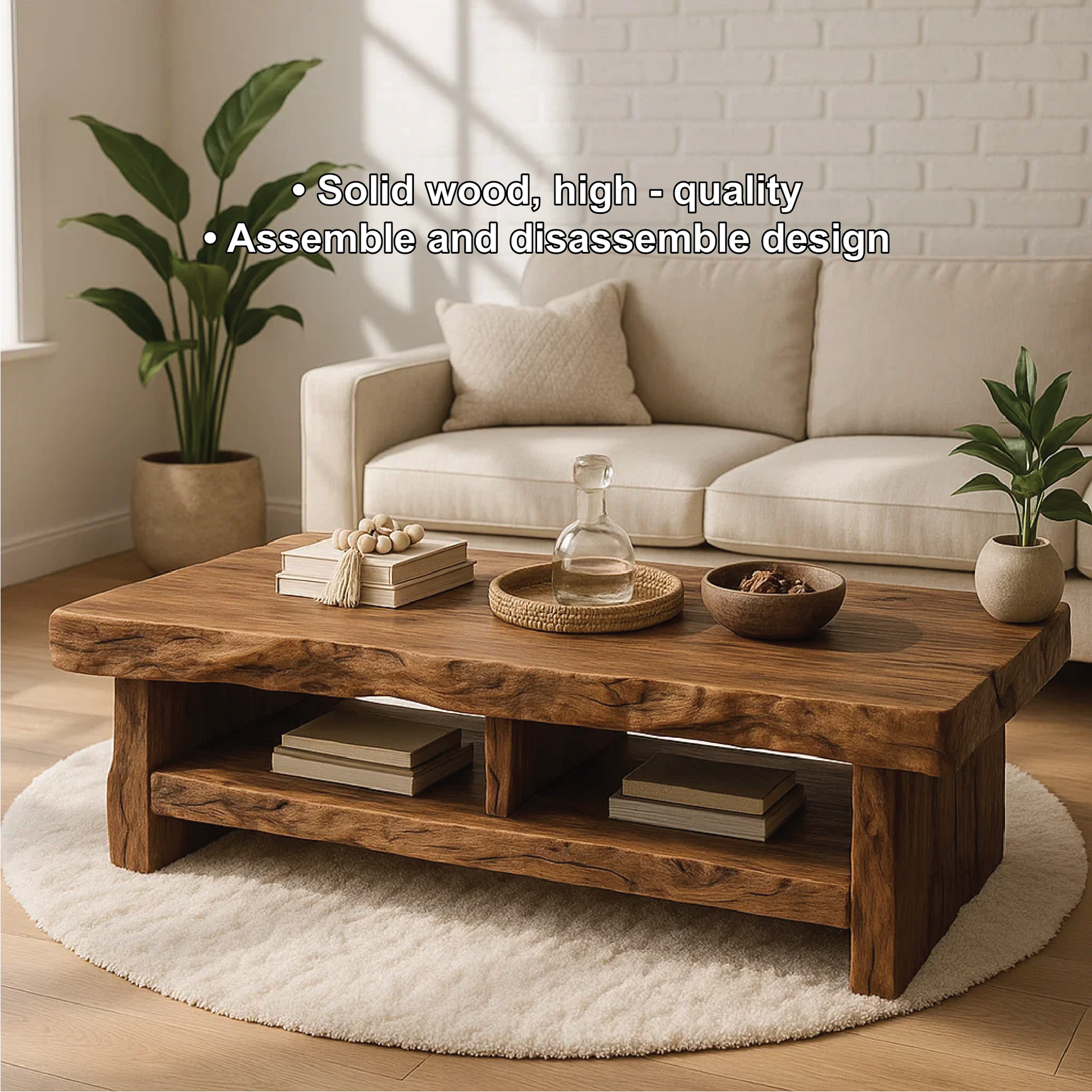 Handcrafted Solid Wood Coffee Table with Live Edge Design and Double Shelf for Storage Lynnsnail