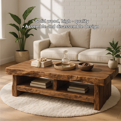 Handcrafted Solid Wood Coffee Table with Live Edge Design and Double Shelf for Storage Lynnsnail