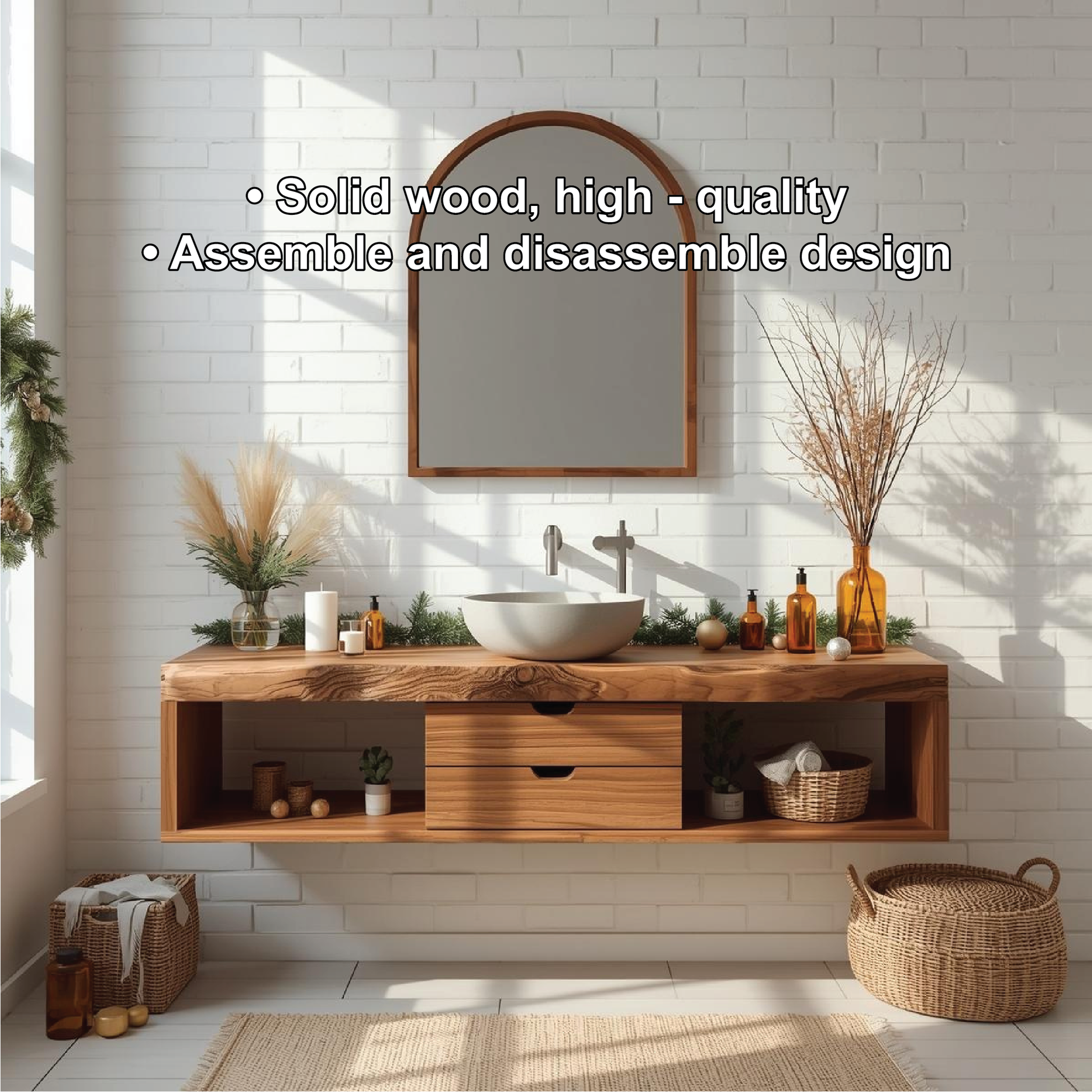 Handcrafted Solid Wood Floating Bathroom Vanity with Center Drawer and Natural Live Edge Design Lynnsnail