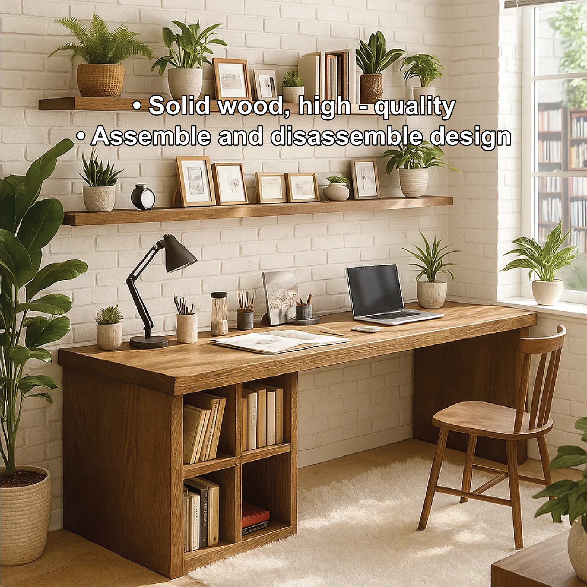 Handcrafted Solid Wood Work Desk – Long Home Office Table with Bookshelf and Natural Finish Lynnsnail