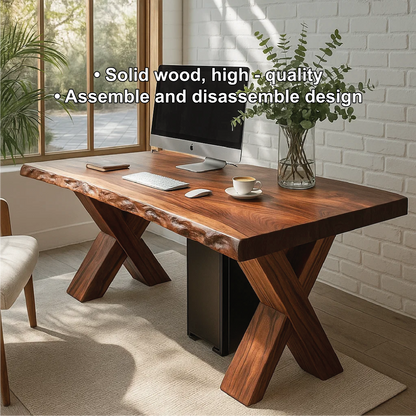 Handcrafted Solid Wood Work Desk – Live Edge Office Table with X-Leg Base and Natural Finish Lynnsnail