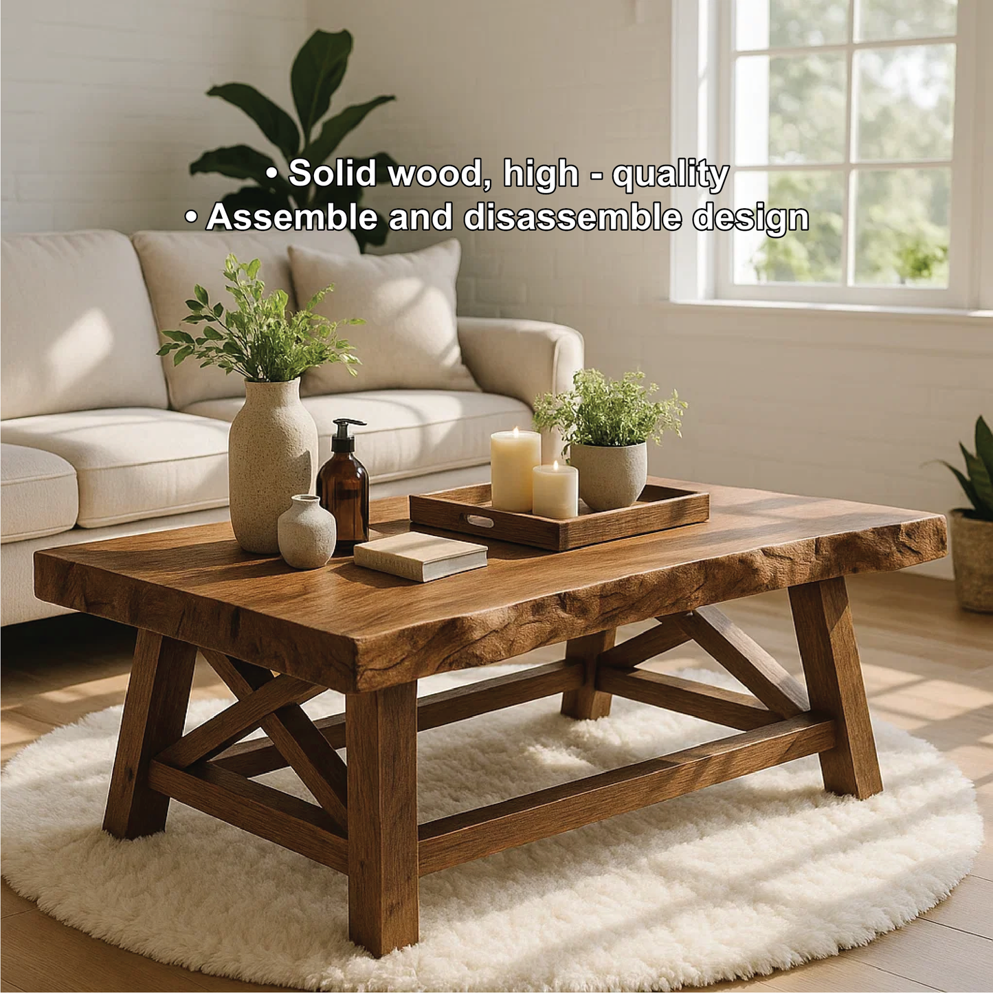 Handcrafted Solid Wood Coffee Table with Rustic Live Edge Top and Sturdy Cross-Leg Base Lynnsnail