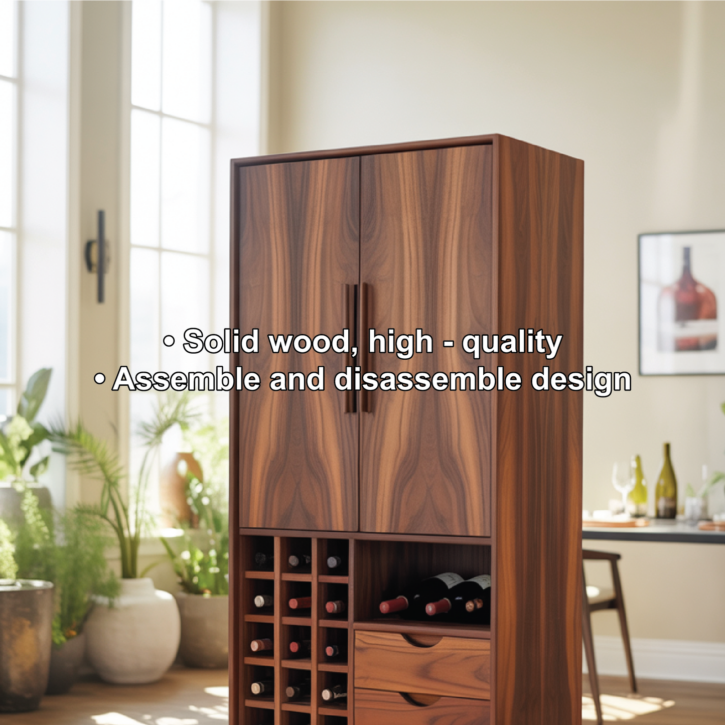 Handcrafted Solid Wood Dining Cabinet with Wine Storage Grid, Drawers and Tall Double Doors Lynnsnail