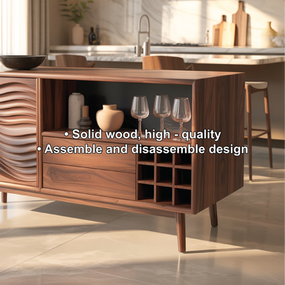 Handcrafted Solid Wood Dining Cabinet with Wave Carved Door, Open Display Shelf and Wine Storage Lynnsnail
